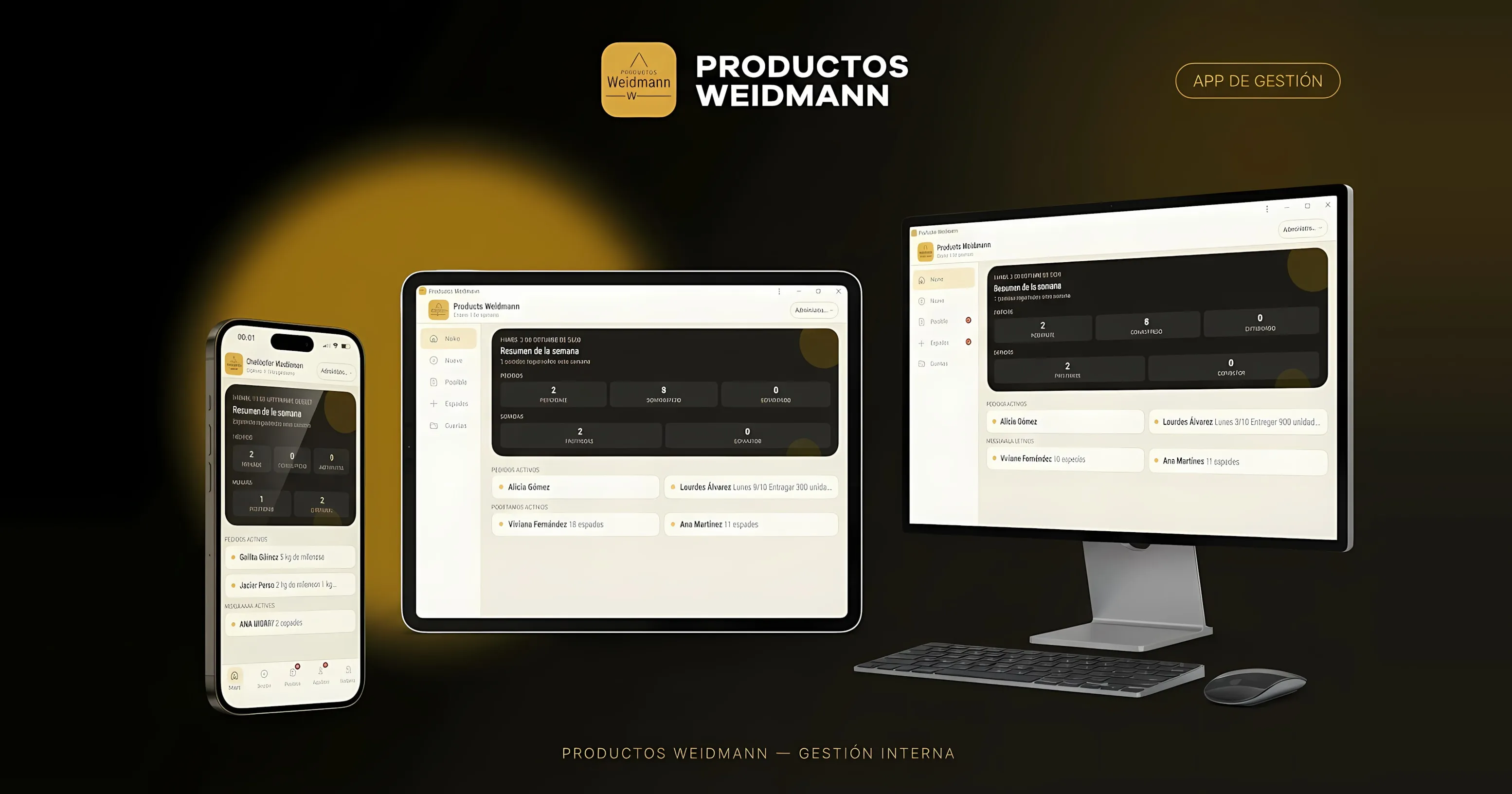 La app de Productos Weidmann en un celular, una tablet y una computadora, abierta en el inicio con el resumen de la semana: pedidos y préstamos activos.