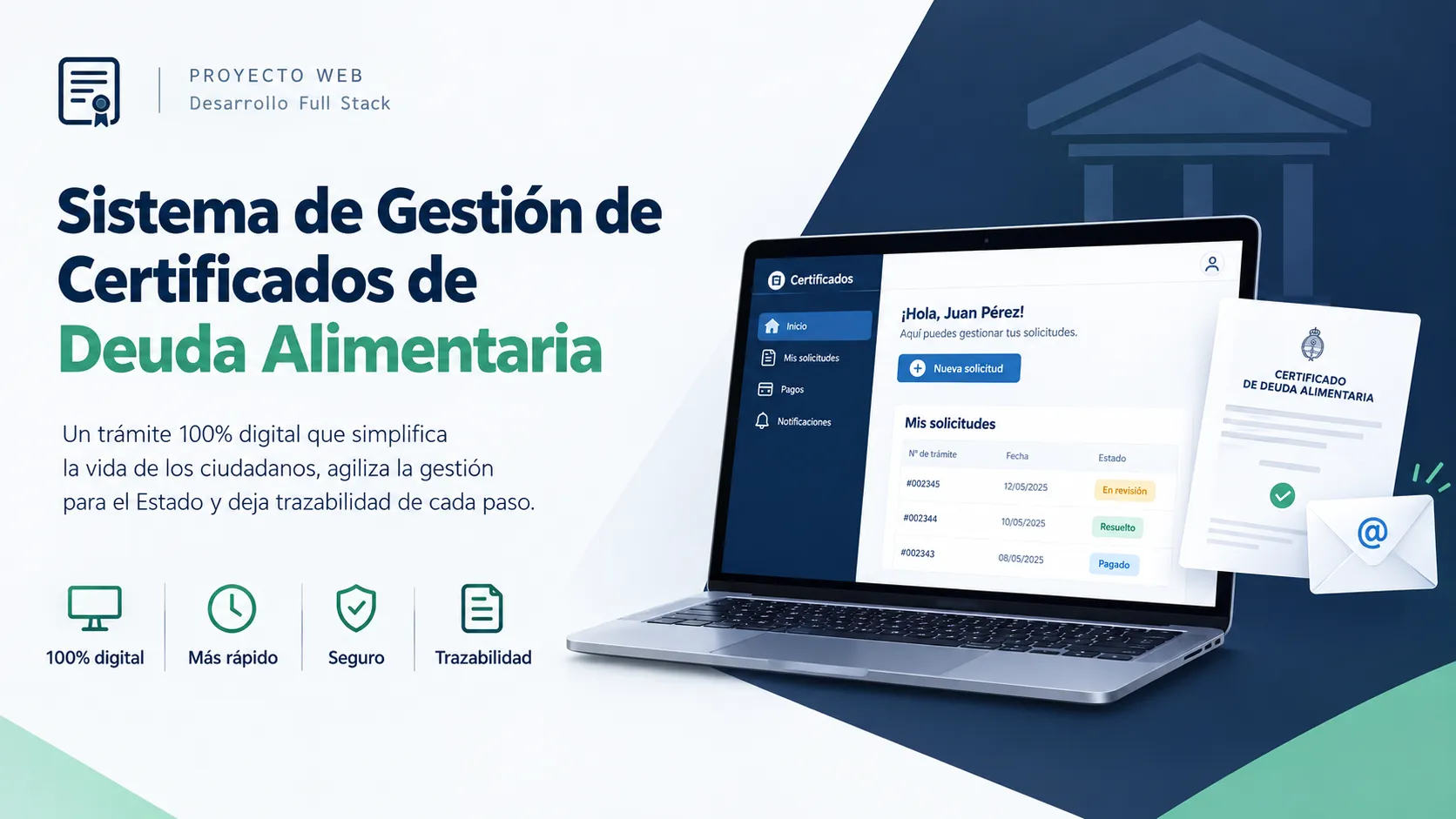 Portada del proyecto: una notebook con el panel del ciudadano y sus solicitudes, junto a un certificado de deuda alimentaria y un sobre de email.